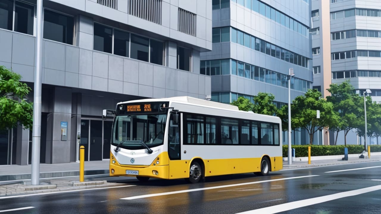 Automóvil eléctrico urbano moderno en una carretera urbana con fondo de edificios contemporáneos