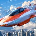 Coche volador futurista sobrevolando una ciudad tecnológica bajo un cielo despejado