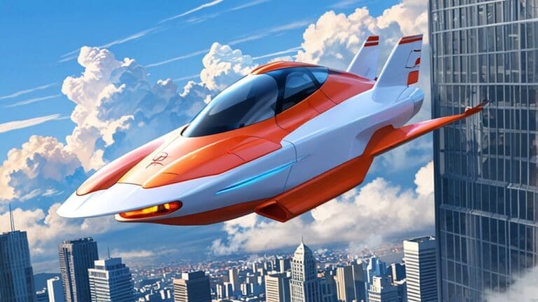 Coche volador futurista sobrevolando una ciudad tecnológica bajo un cielo despejado