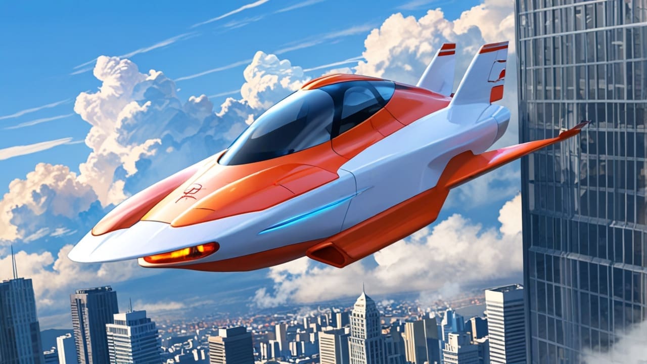 Coche volador futurista sobrevolando una ciudad tecnológica bajo un cielo despejado