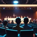 Empresarios reunidos en una sala de conferencias moderna con enfoque tecnológico