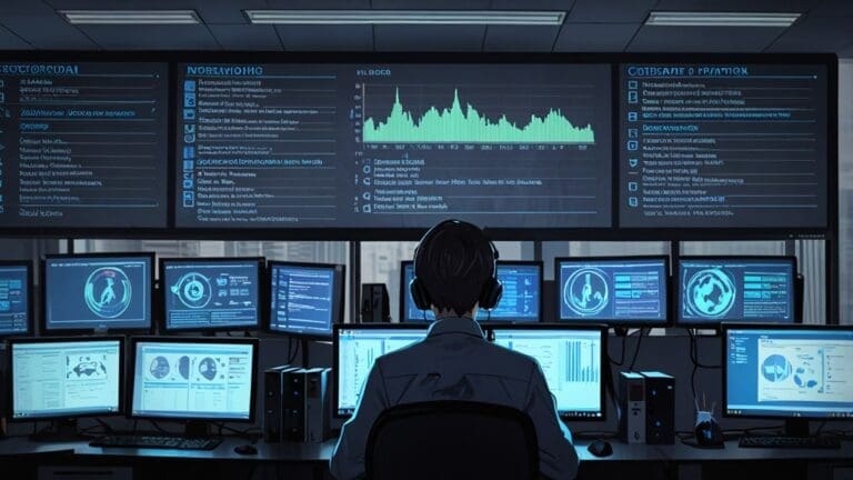 Interior de una oficina moderna con pantallas mostrando actividades de ciberseguridad y programación.