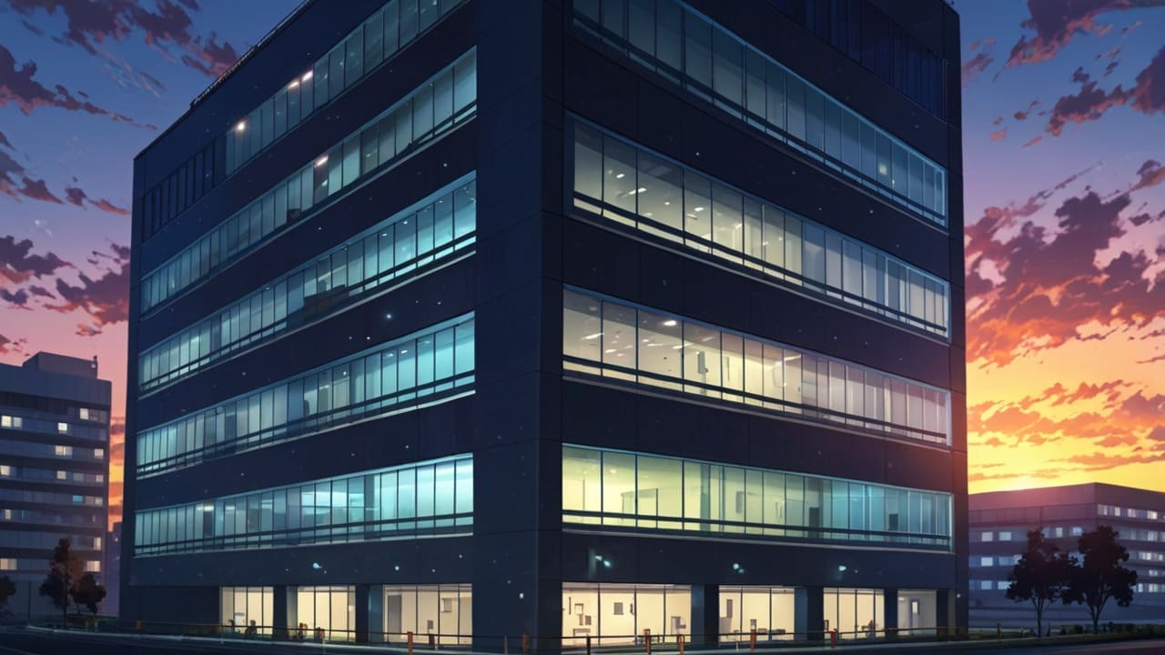 Moderno edificio de oficinas con luces encendidas al atardecer, simbolizando innovación tecnológica.