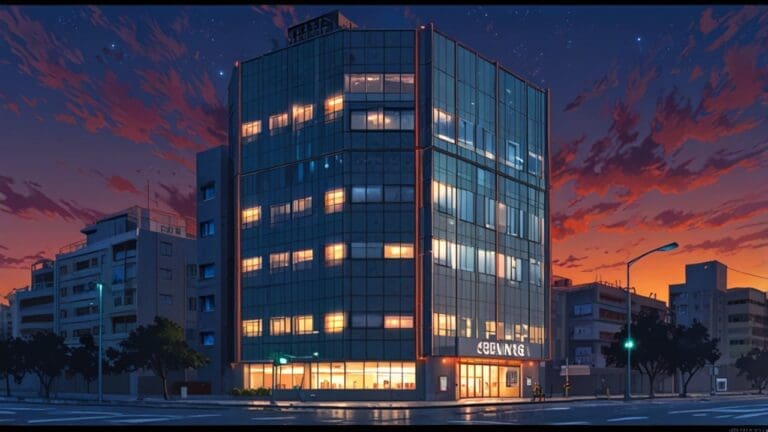Edificios modernos iluminados junto a una costa al atardecer, destacando tecnología y cine.