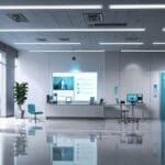 Oficina moderna con tecnología de vanguardia para el desarrollo de telemedicina, ambiente corporativo limpio y minimalista.