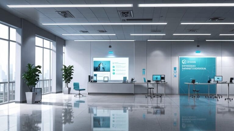 Oficina moderna con tecnología de vanguardia para el desarrollo de telemedicina, ambiente corporativo limpio y minimalista.