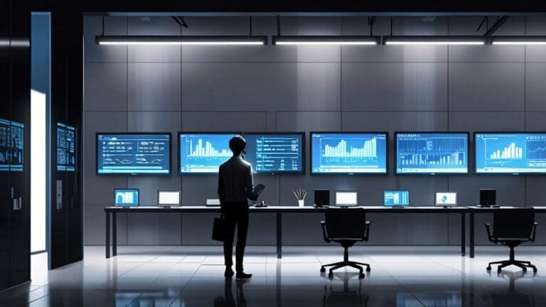 Oficina moderna con equipos tecnológicos y pantallas que muestran datos digitales.