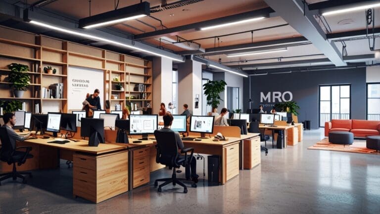 Espacio de coworking moderno con emprendedores trabajando en proyectos innovadores de tecnología.