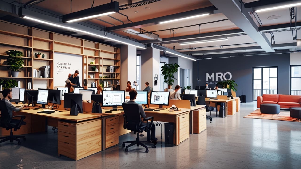 Espacio de coworking moderno con emprendedores trabajando en proyectos innovadores de tecnología.