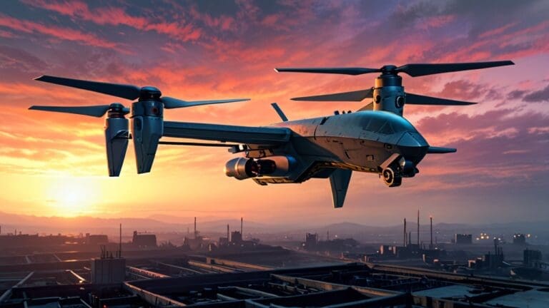 Primer plano de un dron militar sobrevolando un entorno industrial futurista al amanecer