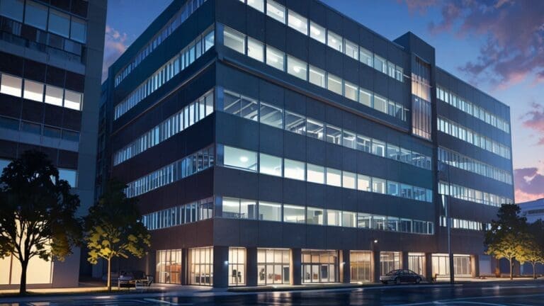 Edificio moderno con oficinas tecnológicas iluminadas por la tarde