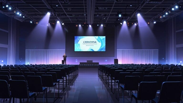 Sala de conferencias llena de gente con pantallas digitales en un evento tecnológico