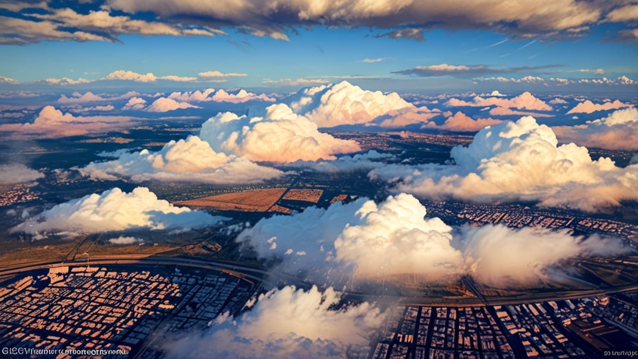 Vista aérea de la ciudad de Valencia con nubes tormentosas en el horizonte