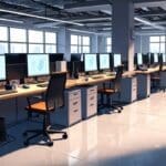 Oficinas modernas de una startup tecnológica con pantallas y computadoras en funcionamiento