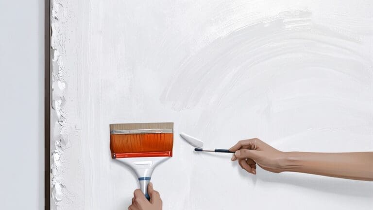 Primer plano de un pincel aplicando pintura sobre una pared blanca en un entorno moderno.