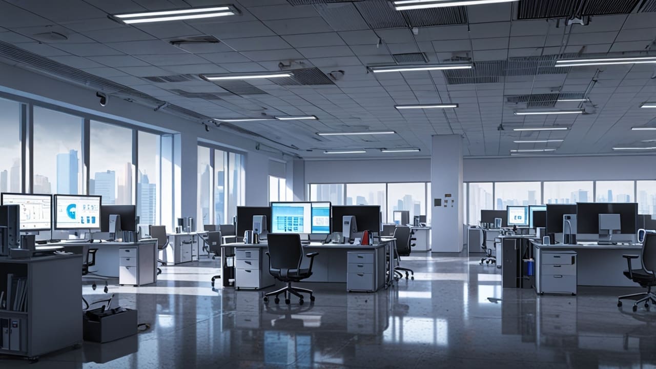 Oficinas modernas con computadoras y elementos de tecnología, enfoque corporativo