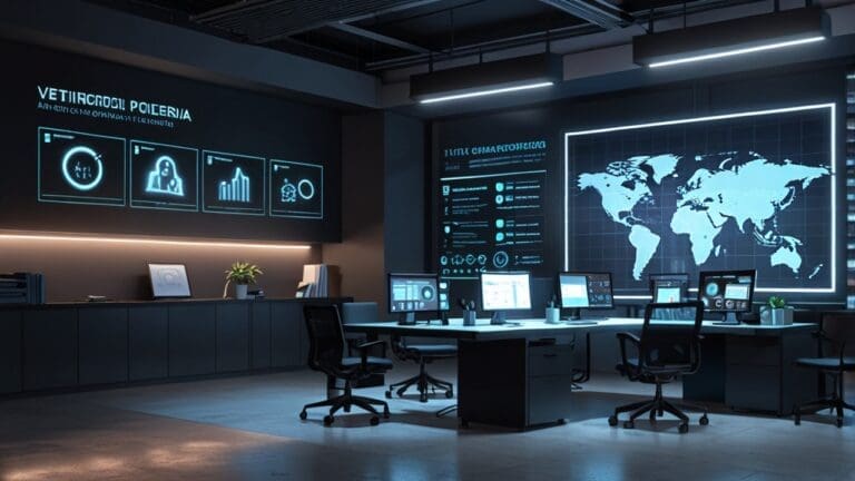 Oficina moderna con equipos tecnológicos y pantallas mostrando interfaces de inteligencia artificial