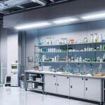 Primer plano de un laboratorio de innovación con muestras de materiales sostenibles y equipos tecnológicos avanzados.