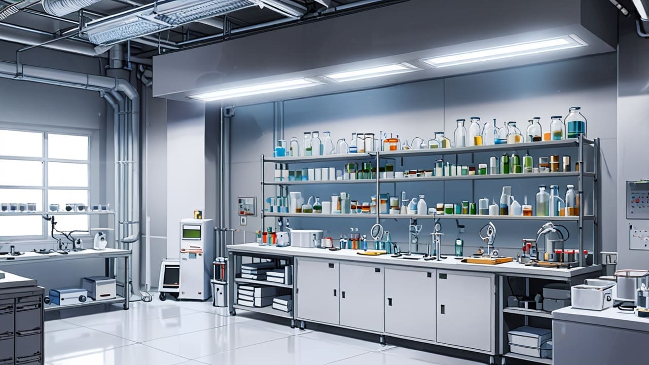 Primer plano de un laboratorio de innovación con muestras de materiales sostenibles y equipos tecnológicos avanzados.