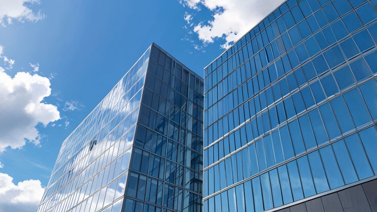 Edificio moderno de oficinas tecnológicas con cielo despejado