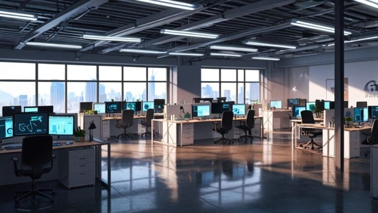 Oficinas modernas de una startup tecnológica con equipos trabajando en computadoras