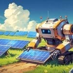 Primer plano de un robot autónomo limpiando paneles solares en un campo soleado