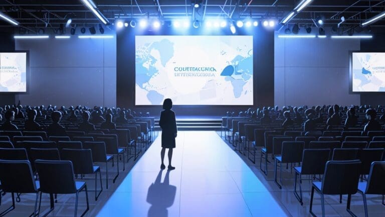 Conferencia internacional con stands tecnológicos y público interactuando