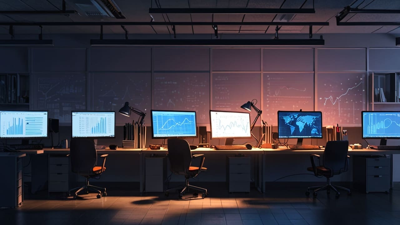 Oficina moderna con computadoras y gráficos financieros, luz natural iluminando el espacio de trabajo