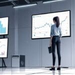 Oficina moderna de tecnología con pantallas y gráficos innovadores