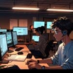 Representación de jóvenes trabajando en un proyecto tecnológico en una sala de estudio moderna con laptops y pizarras.