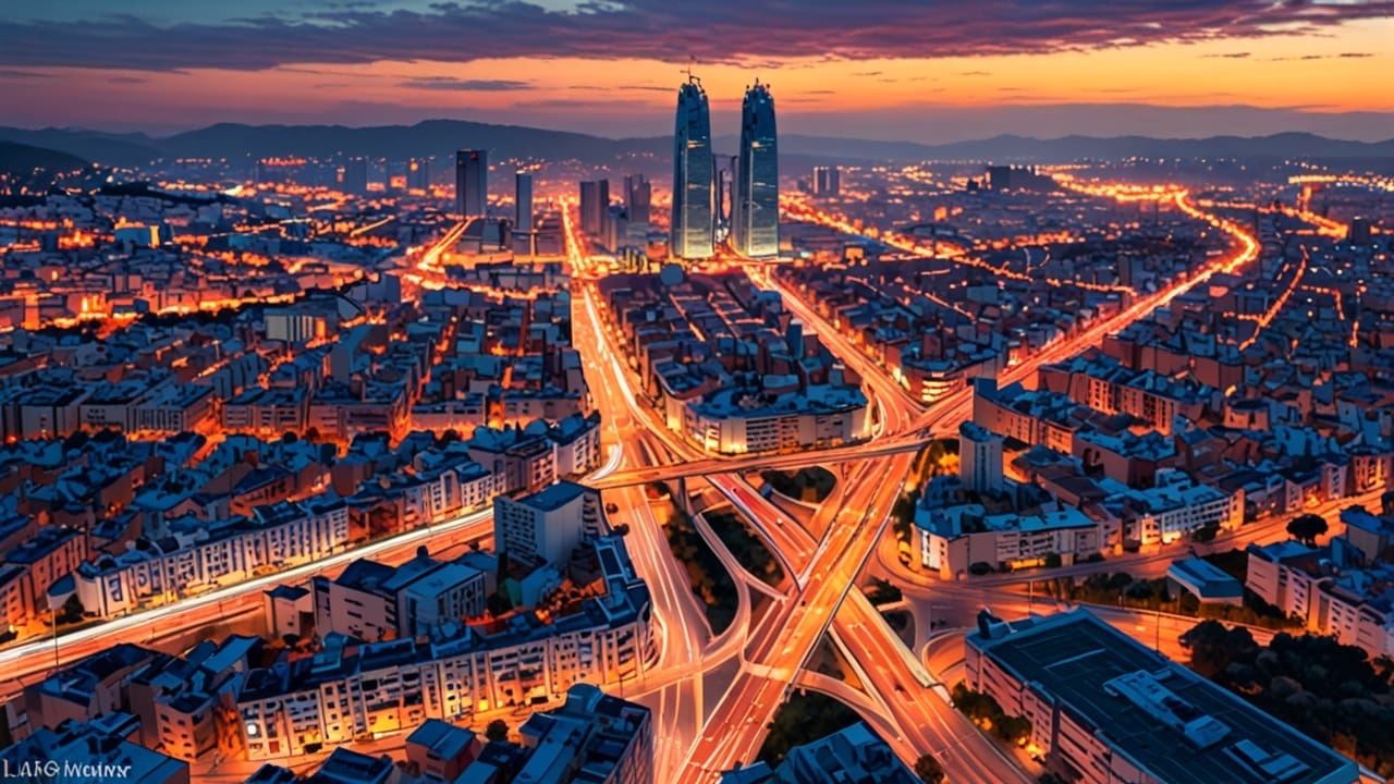 Panorámica de un distrito tecnológico moderno en Barcelona al atardecer