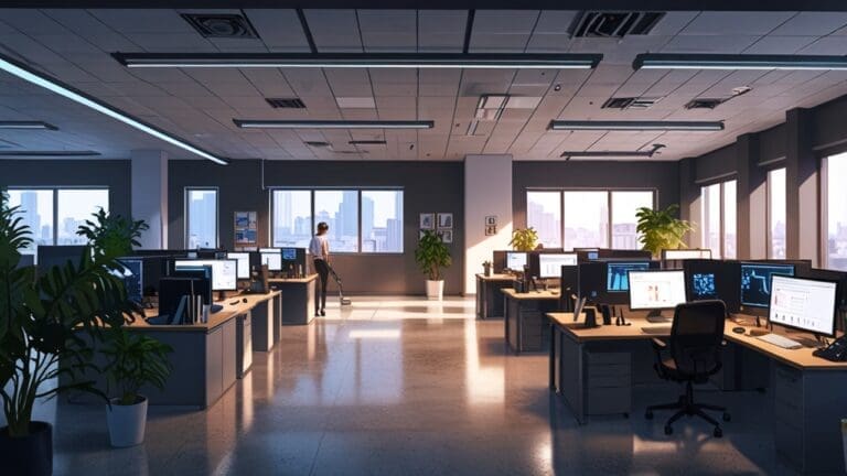 Interior moderno de una oficina de startup tecnológica con múltiples pantallas y equipos de última generación