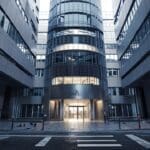 Edificios modernos de oficina con un enfoque en tecnología en un entorno urbano.