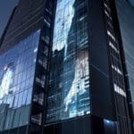 Edificio moderno con pantallas digitales mostrando gráficos de inteligencia artificial