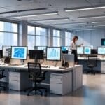 Oficina moderna con computadores y tecnología en un ambiente corporativo