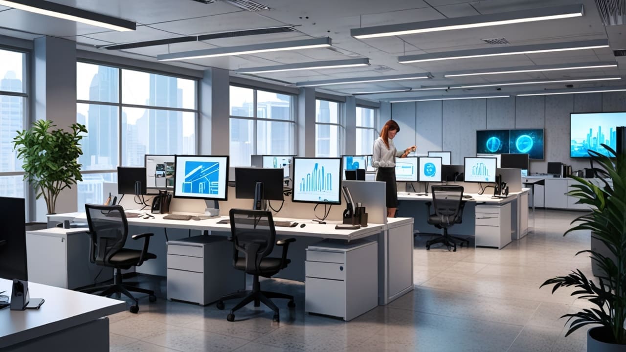 Oficina moderna con computadores y tecnología en un ambiente corporativo