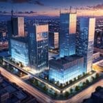 Vista aérea de un centro de innovación tecnológico en una ciudad moderna al anochecer