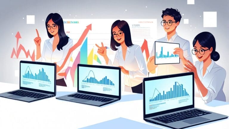 Oficina moderna con laptops y gráficos de crecimiento en pantallas.