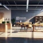 Interior moderno de una oficina con emprendedores colaborando en diseños de envases sostenibles.