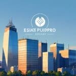 Edificios modernos de una ciudad con un logotipo de start-up en el horizonte.