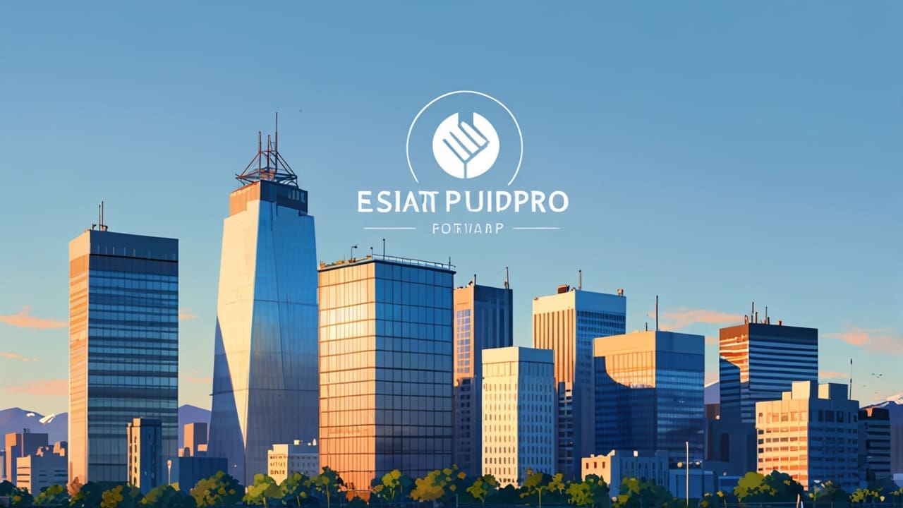 Edificios modernos de una ciudad con un logotipo de start-up en el horizonte.
