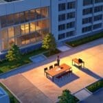 Vista aérea de un moderno parque de oficinas en un entorno rural al atardecer