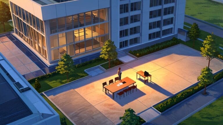 Vista aérea de un moderno parque de oficinas en un entorno rural al atardecer