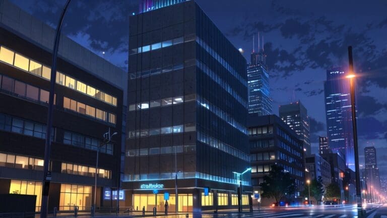 Ciudad moderna con rascacielos iluminados, un símbolo de innovación tecnológica al anochecer.