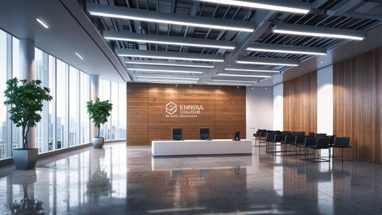Oficinas modernas de una agencia de fomento económico con un ambiente profesional y corporativo, enfocadas en la innovación tecnológica.