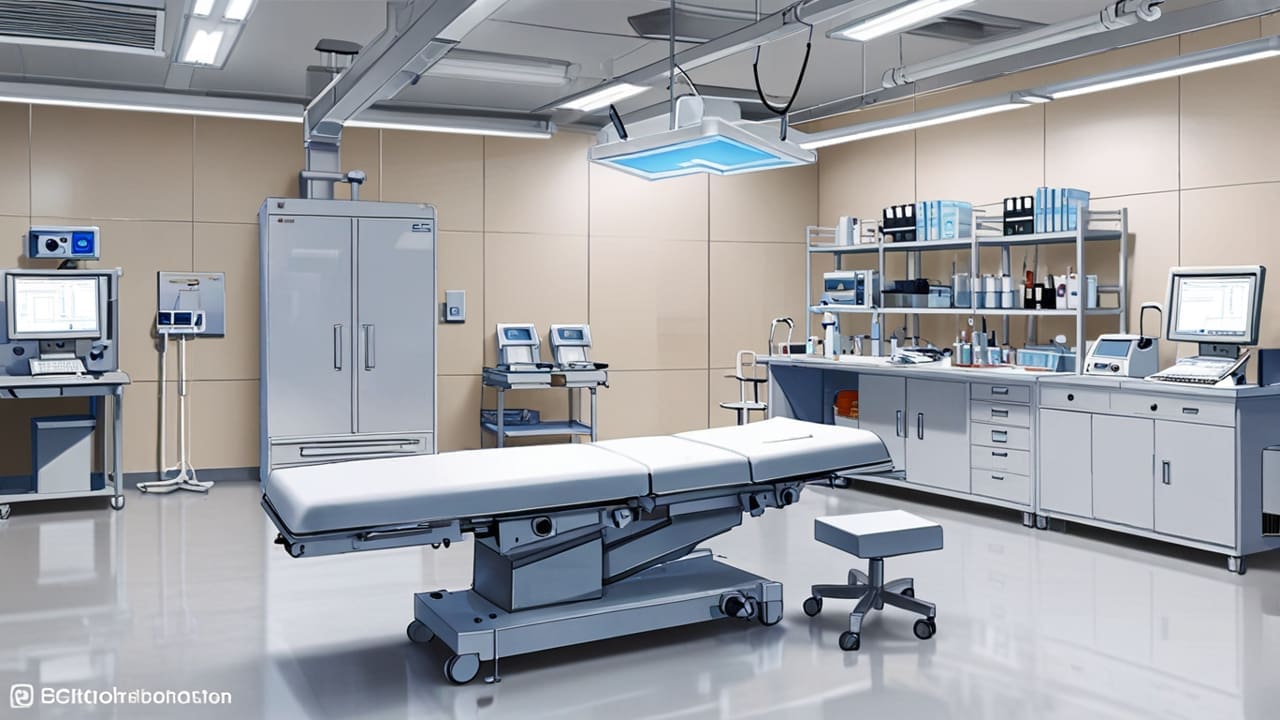 Primer plano de un dispositivo tecnológico en un ambiente moderno de laboratorio médico.
