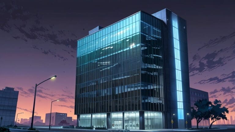 Edificio corporativo moderno en un entorno urbano tecnológico al amanecer