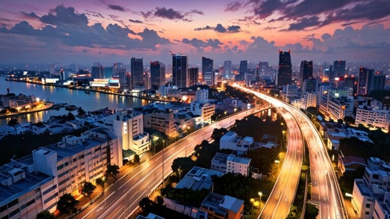 Paisaje urbano moderno de Ciudad Ho Chi Minh con rascacielos al amanecer