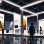 Interior moderno de una feria tecnológica con expositores iluminados y asistentes explorando stands