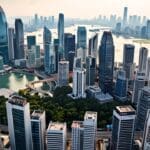Vista aérea de Singapur con rascacielos y un centro de startups tecnológicas al fondo
